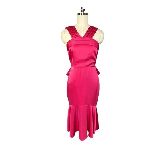 Theia Fuschia Satin Pleated Neck Bow Back Midi Cocktail Dress | 2 - Picture 1 of 8